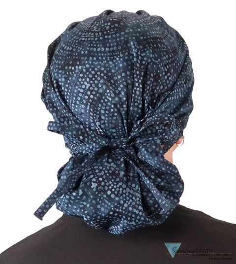 Stylish American Made Banded Bouffant Ponytail Scrub Cap - Midnight Navy Batik Banded Bouffant Surgical Scrub Caps