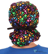 Stylish American Made Banded Bouffant Ponytail Scrub Cap - Multi Color Dots with Black Ties SALE-Fall-2025