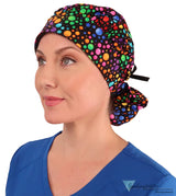 Stylish American Made Banded Bouffant Ponytail Scrub Cap - Multi Color Dots with Black Ties SALE-Fall-2025