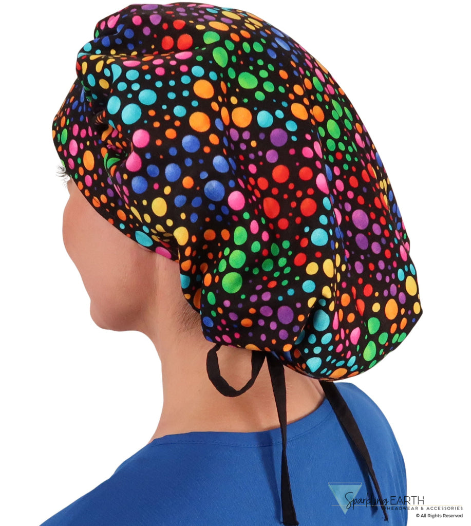 Stylish American Made Banded Bouffant Ponytail Scrub Cap - Multi Color Dots with Black Ties SALE-Fall-2025