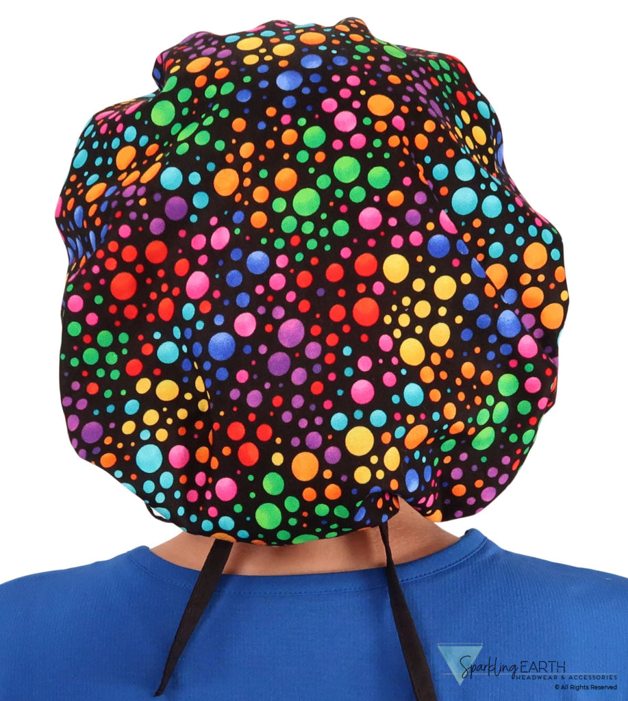 Stylish American Made Banded Bouffant Ponytail Scrub Cap - Multi Color Dots with Black Ties SALE-Fall-2025