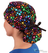 Stylish American Made Banded Bouffant Ponytail Scrub Cap - Multi Color Dots with Black Ties SALE-Fall-2025