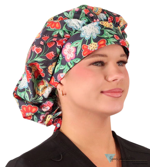 Stylish American Made Banded Bouffant Ponytail Scrub Cap - Petal Parade on Navy Banded Bouffant Surgical Scrub Caps