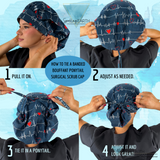 Stylish American Made Banded Bouffant Ponytail Scrub Cap - Petal Parade on Navy Banded Bouffant Surgical Scrub Caps
