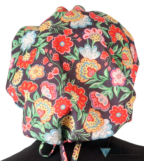 Stylish American Made Banded Bouffant Ponytail Scrub Cap - Petal Parade on Navy Banded Bouffant Surgical Scrub Caps