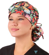 Stylish American Made Banded Bouffant Ponytail Scrub Cap - Petal Parade on Navy Banded Bouffant Surgical Scrub Caps