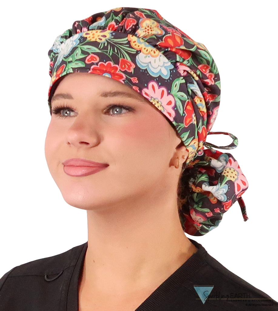 Stylish American Made Banded Bouffant Ponytail Scrub Cap - Petal Parade on Navy Banded Bouffant Surgical Scrub Caps