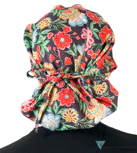Stylish American Made Banded Bouffant Ponytail Scrub Cap - Petal Parade on Navy Banded Bouffant Surgical Scrub Caps