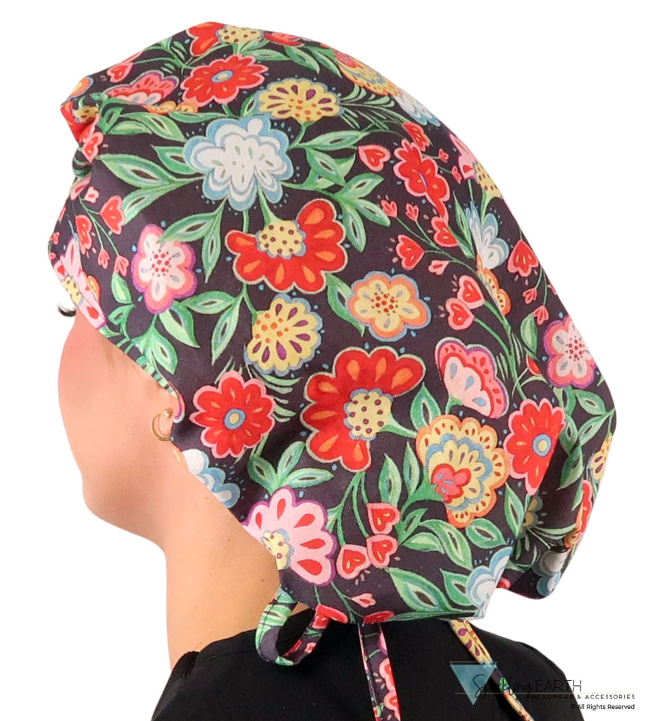 Stylish American Made Banded Bouffant Ponytail Scrub Cap - Petal Parade on Navy Banded Bouffant Surgical Scrub Caps