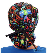 Stylish American Made Banded Bouffant Ponytail Scrub Cap - Pickleball Mania with Black Ties SALE-Fall-2025