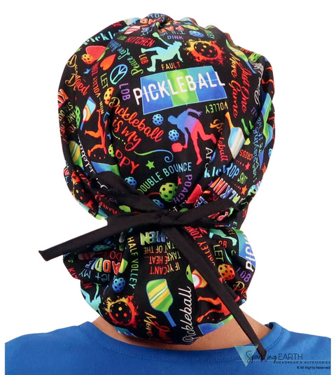 Stylish American Made Banded Bouffant Ponytail Scrub Cap - Pickleball Mania with Black Ties SALE-Fall-2025