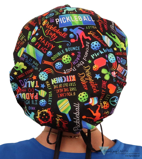 Stylish American Made Banded Bouffant Ponytail Scrub Cap - Pickleball Mania with Black Ties SALE-Fall-2025