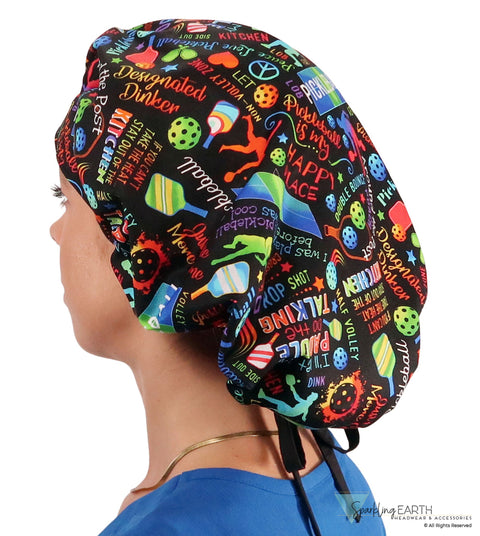 Stylish American Made Banded Bouffant Ponytail Scrub Cap - Pickleball Mania with Black Ties SALE-Fall-2025