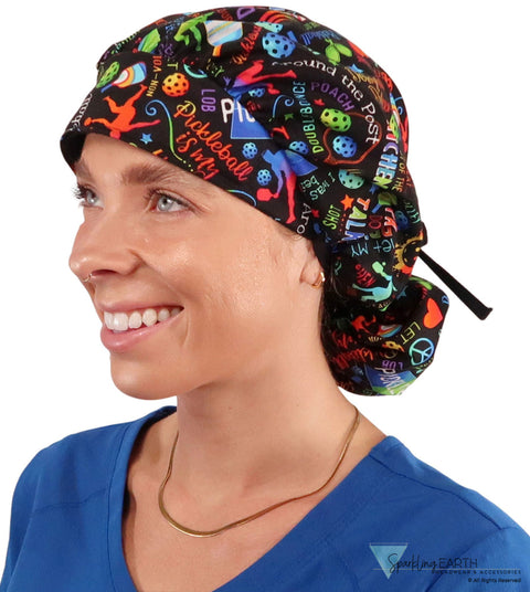 Stylish American Made Banded Bouffant Ponytail Scrub Cap - Pickleball Mania with Black Ties SALE-Fall-2025