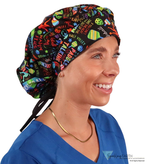 Stylish American Made Banded Bouffant Ponytail Scrub Cap - Pickleball Mania with Black Ties SALE-Fall-2025
