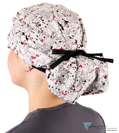 Stylish American Made Banded Bouffant Ponytail Scrub Cap - Playful Puppies with Black Ties Banded Bouffant Surgical