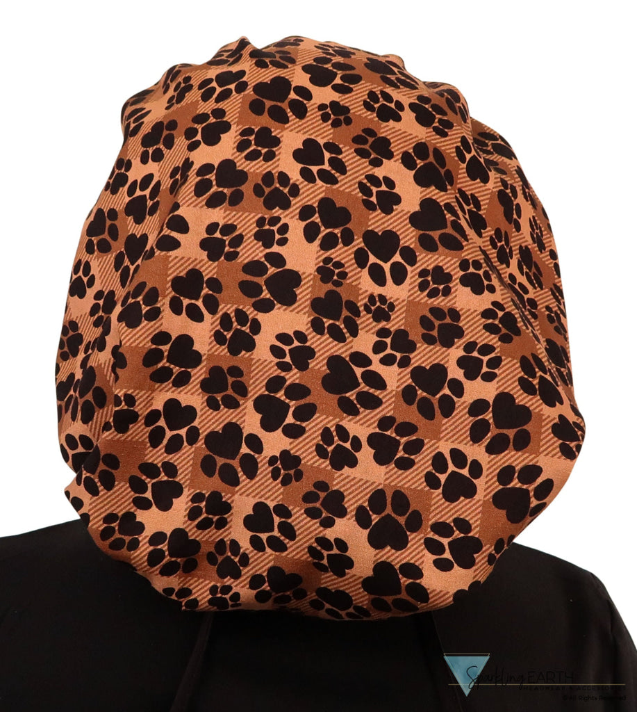 Stylish American Made Banded Bouffant Ponytail Scrub Cap - Plentiful Paws on Brown Plaid with Black Ties Banded