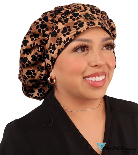 Stylish American Made Banded Bouffant Ponytail Scrub Cap - Plentiful Paws on Brown Plaid with Black Ties Banded