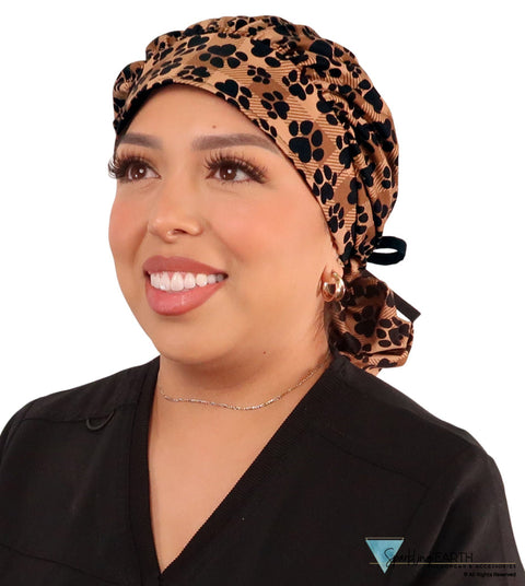 Stylish American Made Banded Bouffant Ponytail Scrub Cap - Plentiful Paws on Brown Plaid with Black Ties Banded