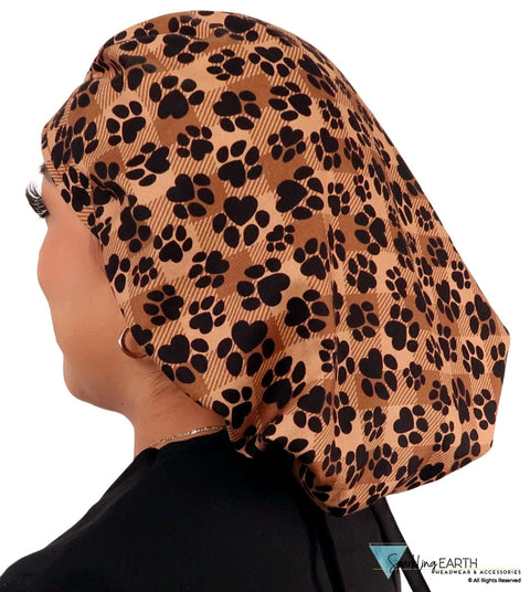 Stylish American Made Banded Bouffant Ponytail Scrub Cap - Plentiful Paws on Brown Plaid with Black Ties Banded