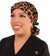Front Tied Facing View of a Woman Wearing a Bouffant Ponytail Scrub Cap - Plentiful Paws on Brown Plaid with Black Ties Banded Bouffant Ponytail Surgical Scrub Caps Pattern