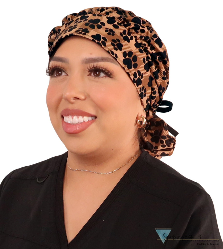 Stylish American Made Banded Bouffant Ponytail Scrub Cap - Plentiful Paws on Brown Plaid with Black Ties Banded