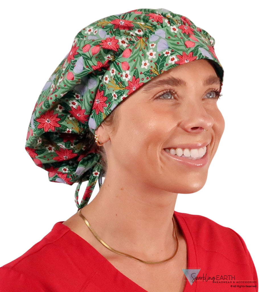 Stylish American Made Banded Bouffant Ponytail Scrub Cap - Poinsettia Party Banded Bouffant Surgical Scrub Caps