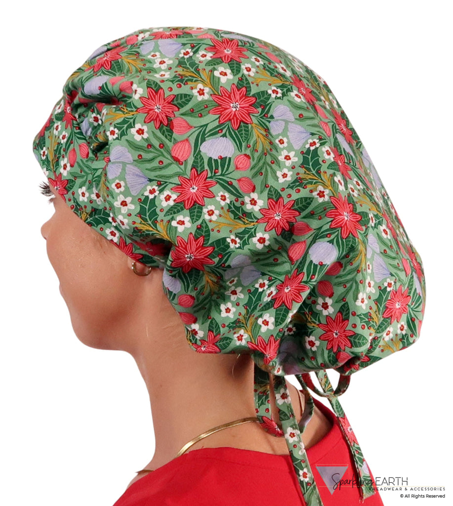 Stylish American Made Banded Bouffant Ponytail Scrub Cap - Poinsettia Party Banded Bouffant Surgical Scrub Caps