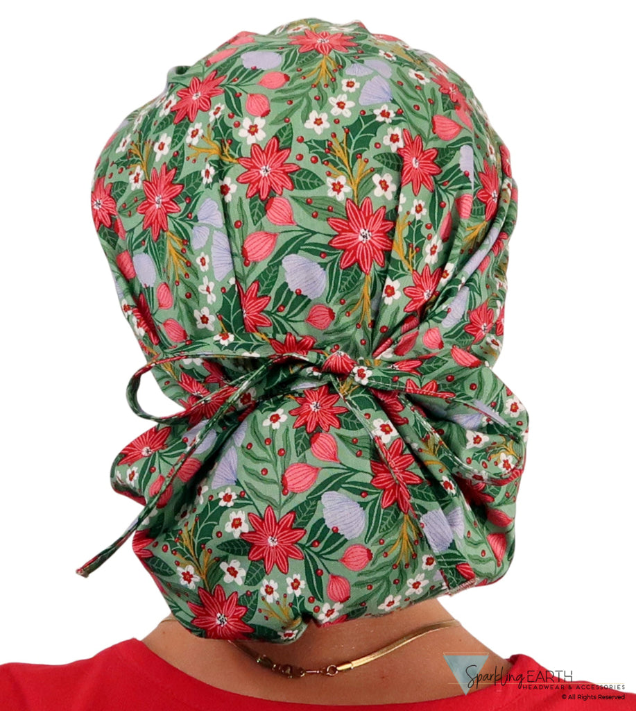 Stylish American Made Banded Bouffant Ponytail Scrub Cap - Poinsettia Party Banded Bouffant Surgical Scrub Caps