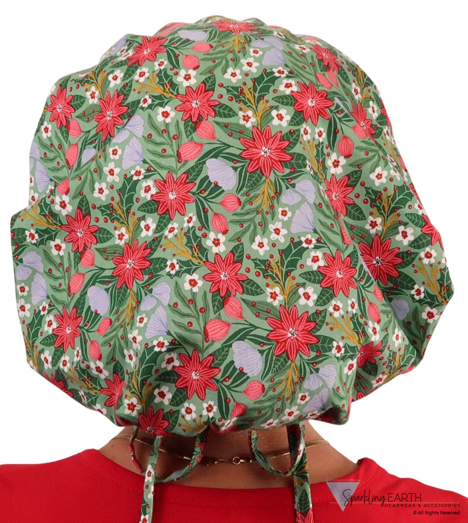 Stylish American Made Banded Bouffant Ponytail Scrub Cap - Poinsettia Party Banded Bouffant Surgical Scrub Caps