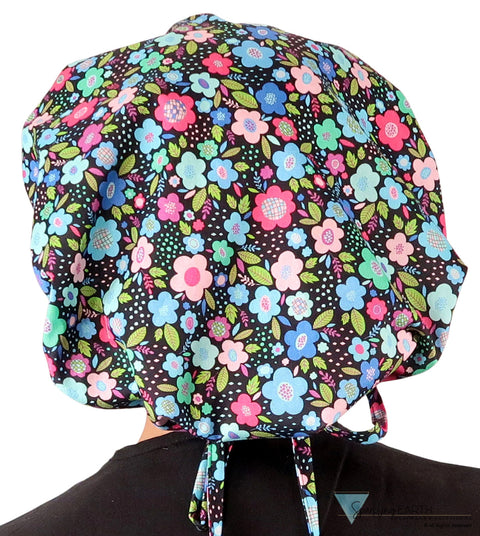 Stylish American Made Banded Bouffant Ponytail Scrub Cap - Precious Posies Banded Bouffant Surgical Scrub Caps