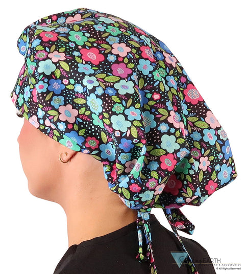 Stylish American Made Banded Bouffant Ponytail Scrub Cap - Precious Posies Banded Bouffant Surgical Scrub Caps