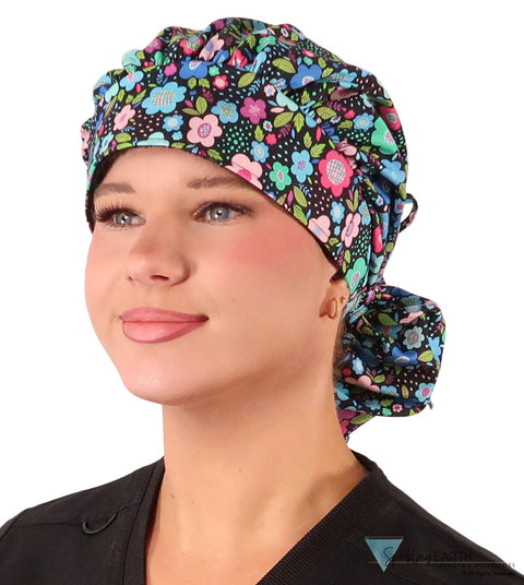 Stylish American Made Banded Bouffant Ponytail Scrub Cap - Precious Posies Banded Bouffant Surgical Scrub Caps