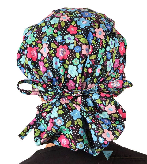 Stylish American Made Banded Bouffant Ponytail Scrub Cap - Precious Posies Banded Bouffant Surgical Scrub Caps