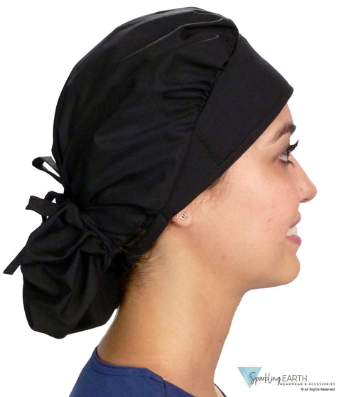 Stylish American Made Banded Bouffant Ponytail Scrub Cap - Solid Black Banded Bouffant Surgical Scrub Caps