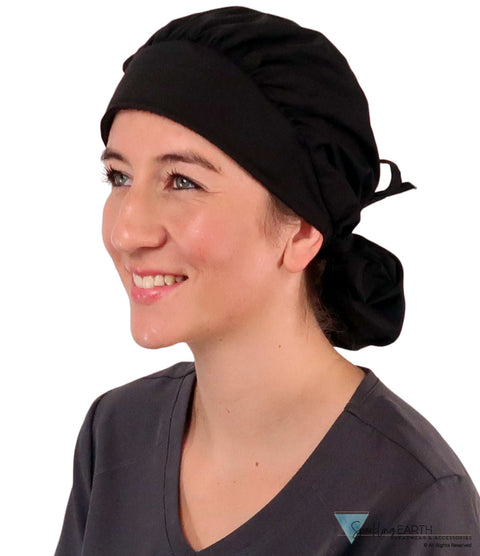 Stylish American Made Banded Bouffant Ponytail Scrub Cap - Solid Black Banded Bouffant Surgical Scrub Caps