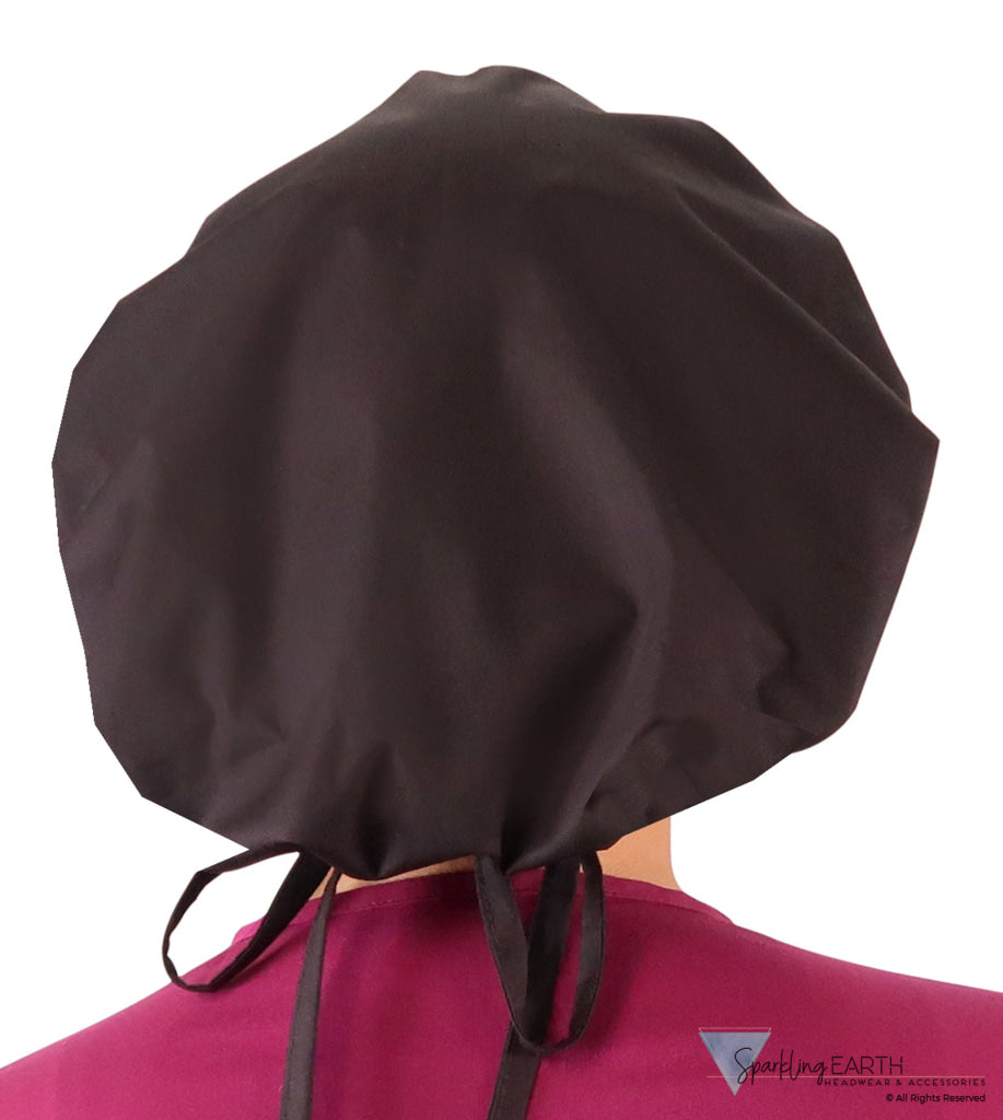 Stylish American Made Banded Bouffant Ponytail Scrub Cap - Solid Black Women's Banded Bouffant Surgical Scrub Caps Back View