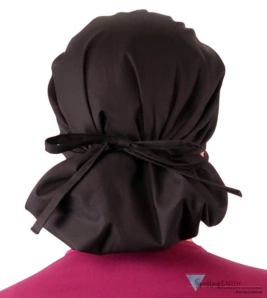 Stylish American Made Banded Bouffant Ponytail Scrub Cap - Solid Women's Black Banded Bouffant Surgical Scrub Caps Back View 