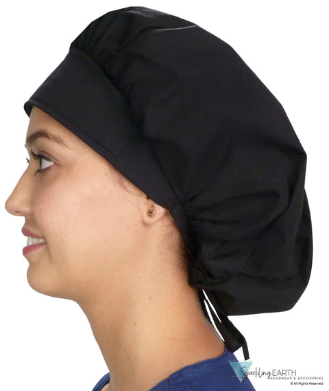 Stylish American Made Banded Bouffant Ponytail Scrub Cap - Solid Black Banded Bouffant Surgical Scrub Caps