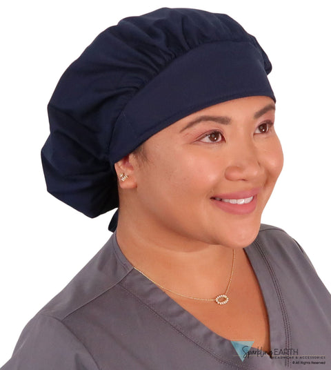 Stylish American Made Banded Bouffant Ponytail Scrub Cap - Solid Navy Banded Bouffant Surgical Scrub Caps