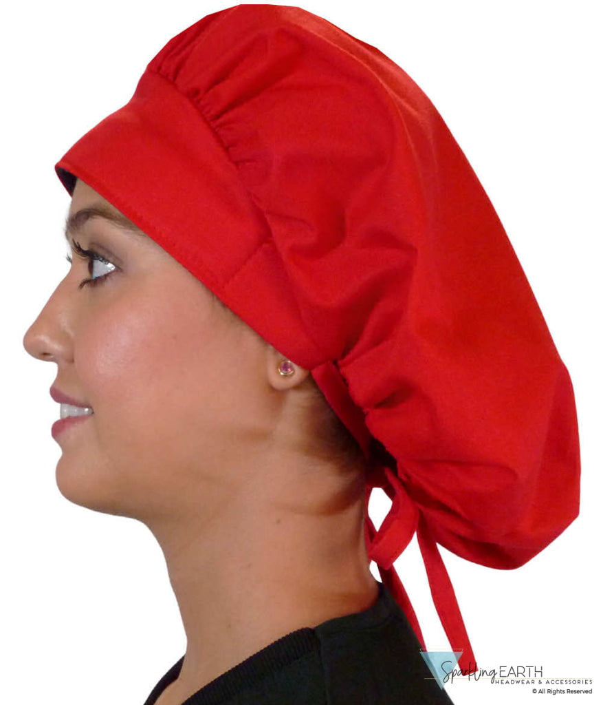 Stylish American Made Banded Bouffant Ponytail Scrub Cap - Solid Red SALE-Fall-2025