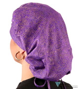 Stylish American Made Banded Bouffant Ponytail Scrub Cap - Spectacular Gold Swirls on Purple Banded Bouffant Surgical
