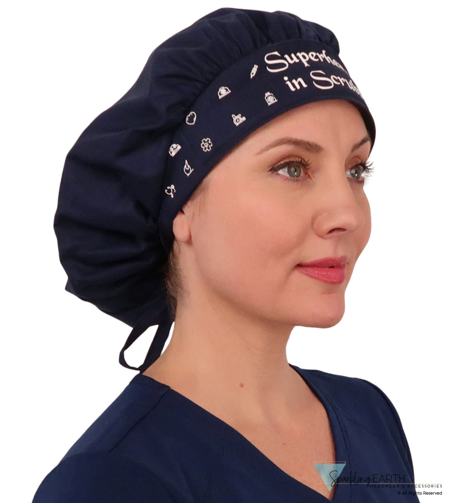 Stylish American Made Banded Bouffant Ponytail Scrub Cap - Superhero in Scrubs on Navy SALE-Fall-2025