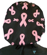 Stylish American Made Banded Bouffant Ponytail Scrub Cap - Tossed Pink Ribbons on Black Designer Banded Bouffant