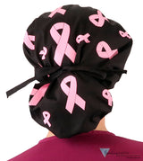 Stylish American Made Banded Bouffant Ponytail Scrub Cap - Tossed Pink Ribbons on Black Designer Banded Bouffant