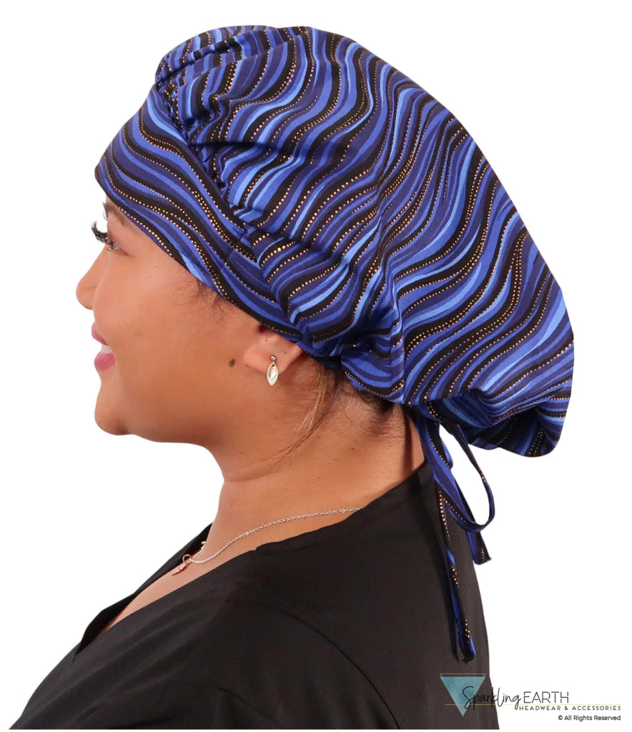 Stylish American Made Banded Bouffant Ponytail Scrub Cap - Waves of Blue Banded Bouffant Surgical Scrub Caps