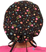 Stylish American Made Banded Bouffant Ponytail Scrub Cap - Wildflower Wonders with Black Ties Banded Bouffant Surgical