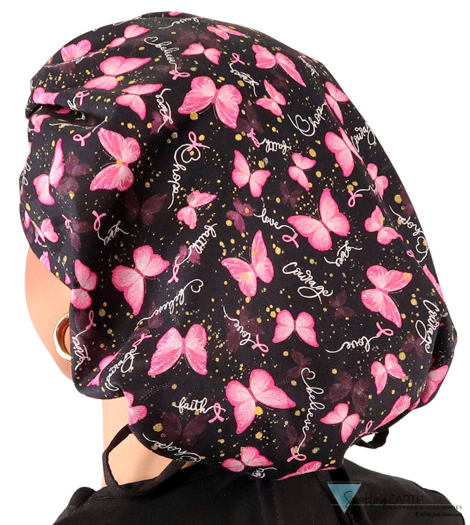 Stylish American Made Banded Bouffant Ponytail Scrub Cap - Wings of Hope (Pink Ribbons) with Black Ties Banded Bouffant