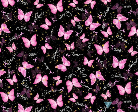 Stylish American Made Banded Bouffant Ponytail Scrub Cap - Wings of Hope (Pink Ribbons) with Black Ties Banded Bouffant