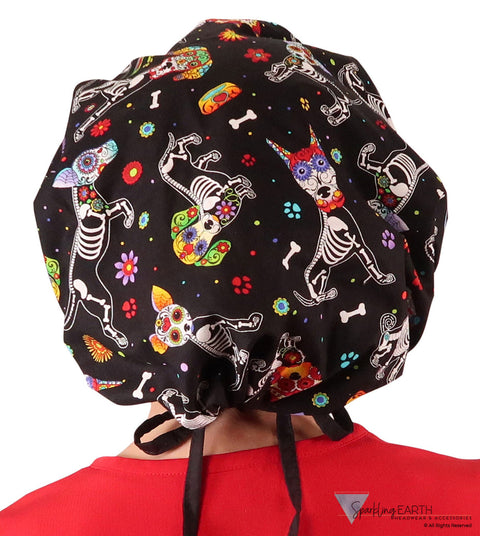 Stylish American Made Banded Bouffant Ponytail Scrub Cap - X - Ray Dogs with Black Ties Designer Banded Bouffant